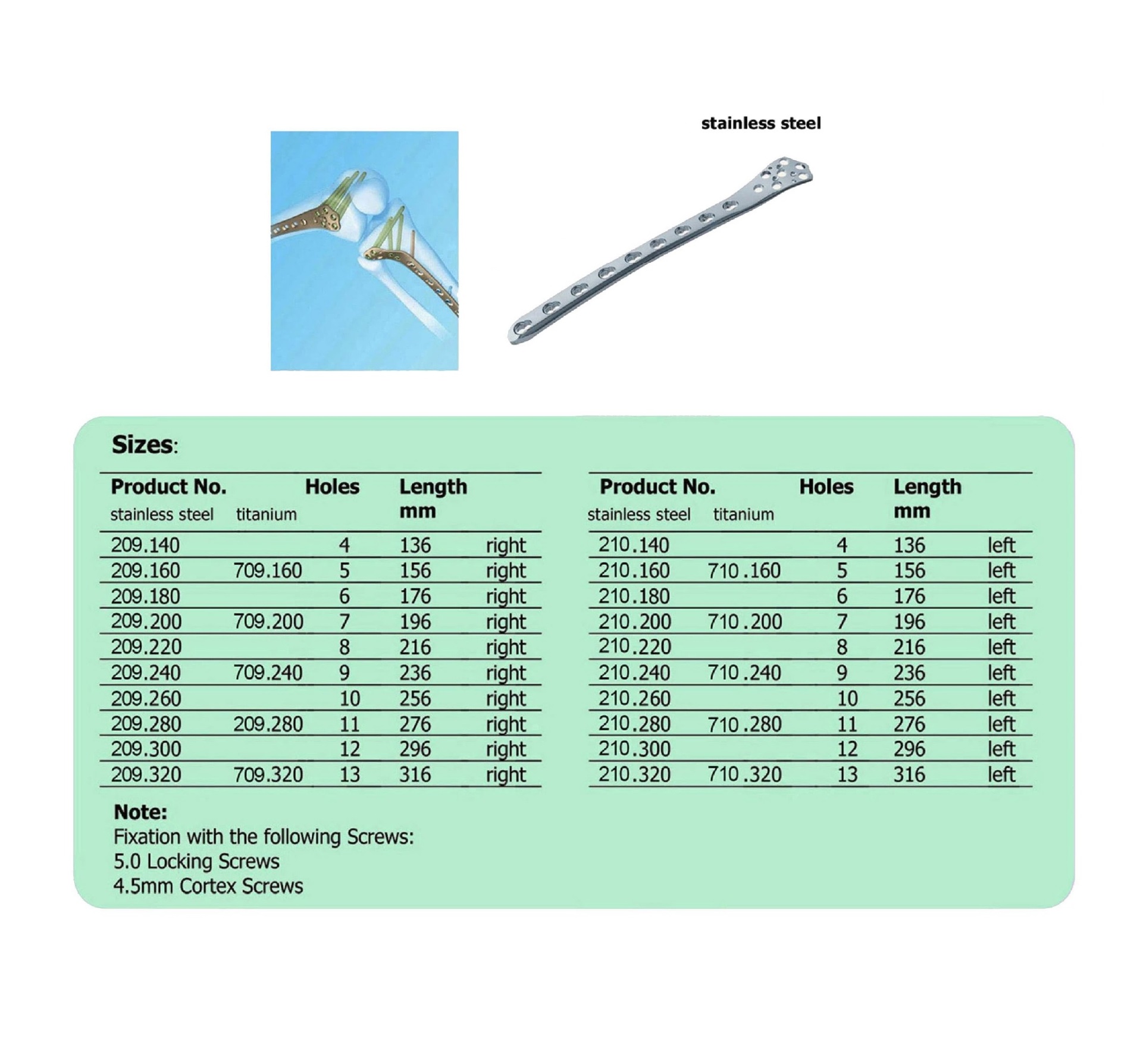 LCP Distal Femur Plate (LCP OF) right & left leg in Stainless steel, (20 ITEMS PER LOT)