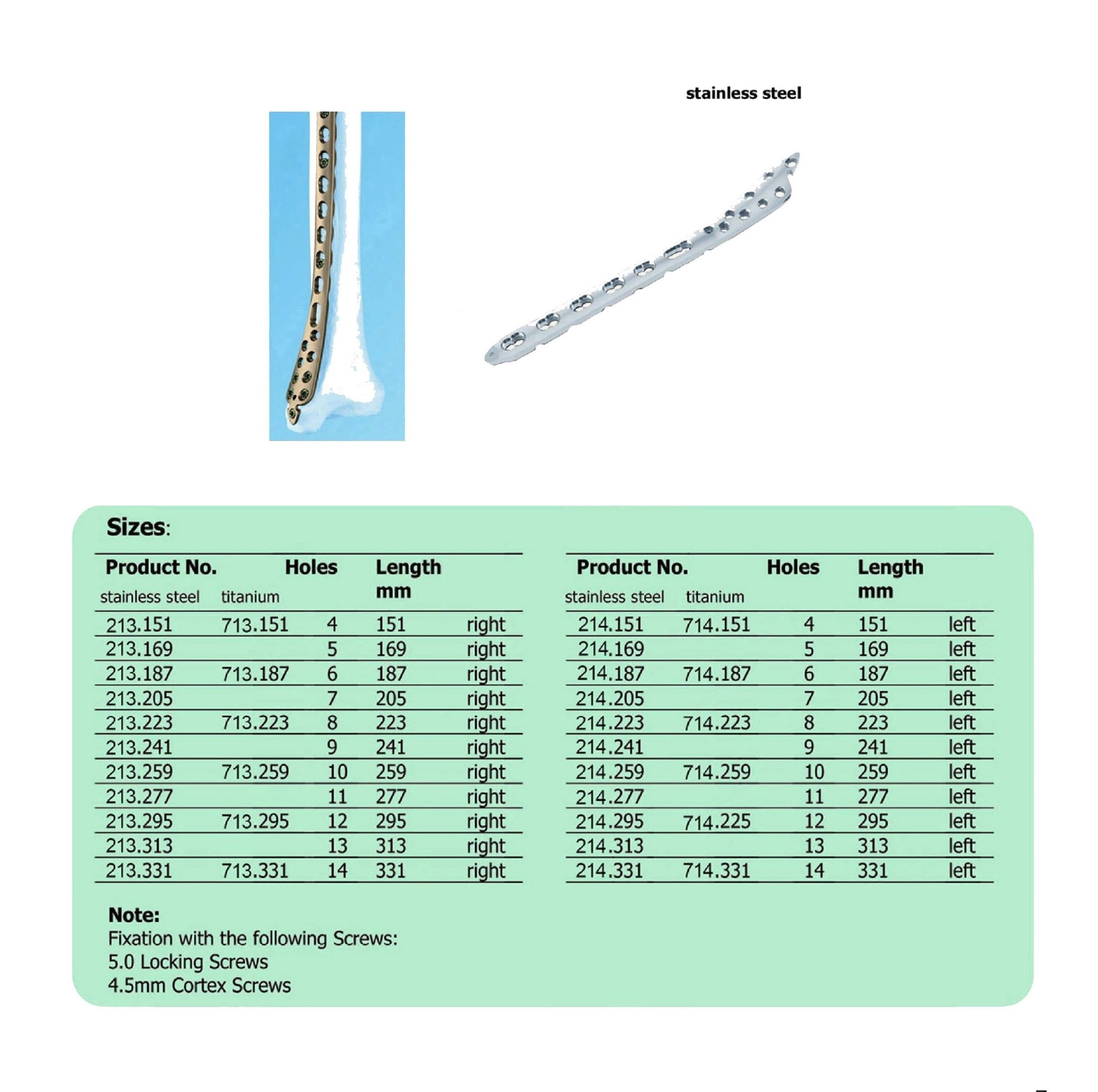 LCP Distal Tibia Plate 4.5 right 8r left leg in Stainless steel, (20 ITEMS PER LOT)