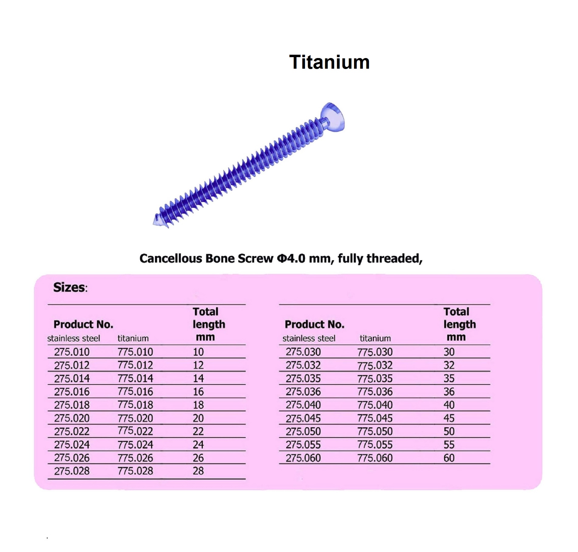 Cancellous Bone Screw 4.0mm, fully threaded, Titanium, (100 ITEMS PER LOT)