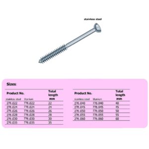 Cancellous Bone Screw 4.0 mm, partially threaded,Stainless steel, (100 ITEMS PER LOT)