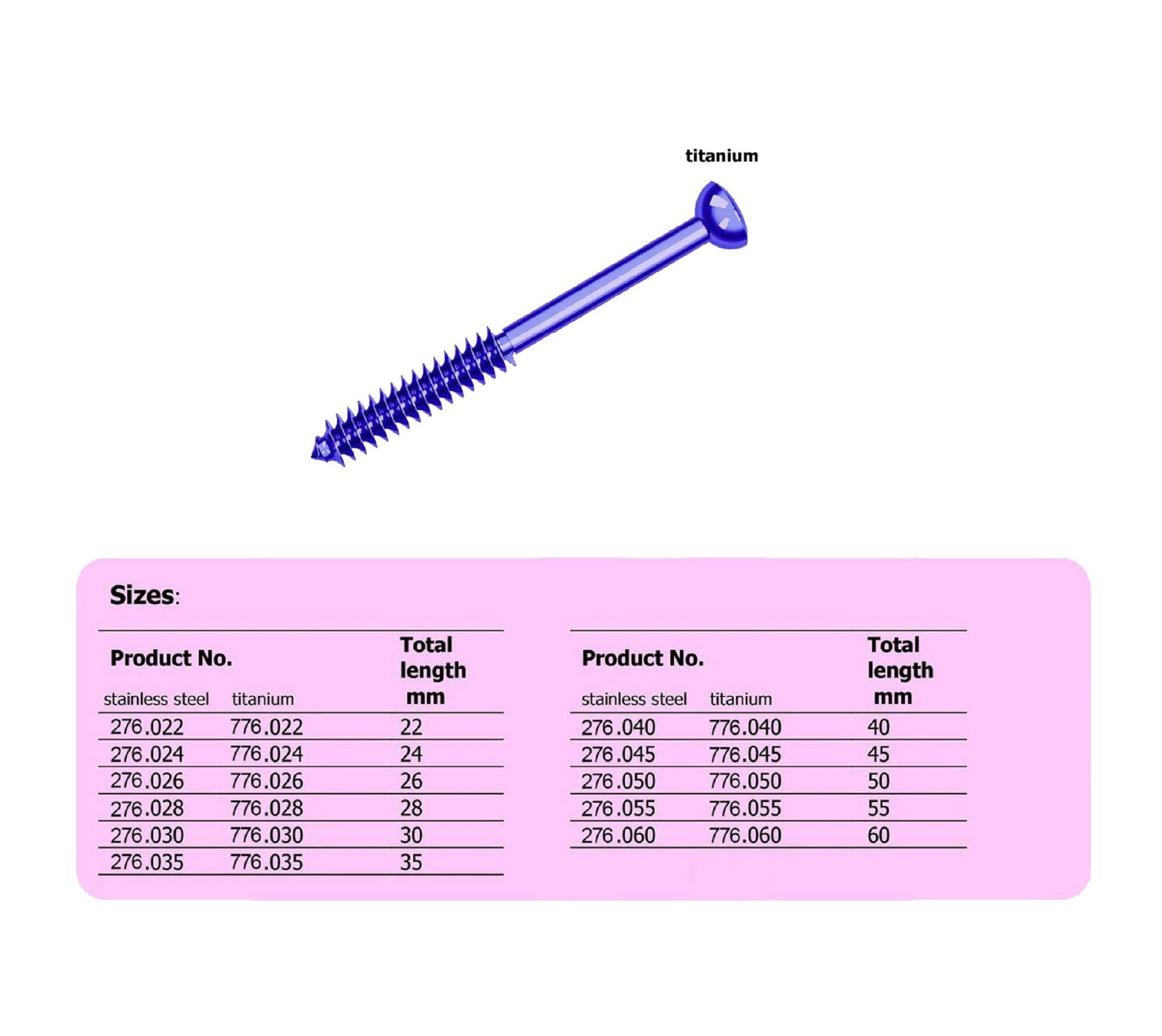 Cancellous Bone Screw 4.0mm, partially threaded, Titanium, (100 ITEMS PER LOT)