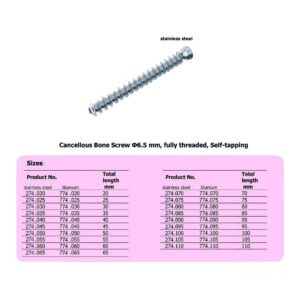 Cancellous Bone Screw 6.5 mm, fully threaded, Self-tapping, Stainless steel, (100 ITEMS PER LOT)