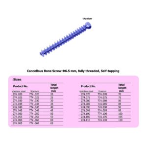 Cancellous Bone Screw 6.5mm, fully threaded, Self-tapping, Titanium, (100 ITEMS PER LOT)