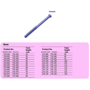 Cannulated Bone Screw 7.0mm, thread length 32mm in Titanium, (100 ITEMS PER LOT)