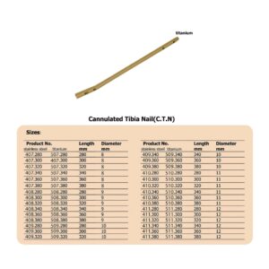 Cannulated Tibia Nail (C.T.N) in Titanium (10 Items Per Lot)