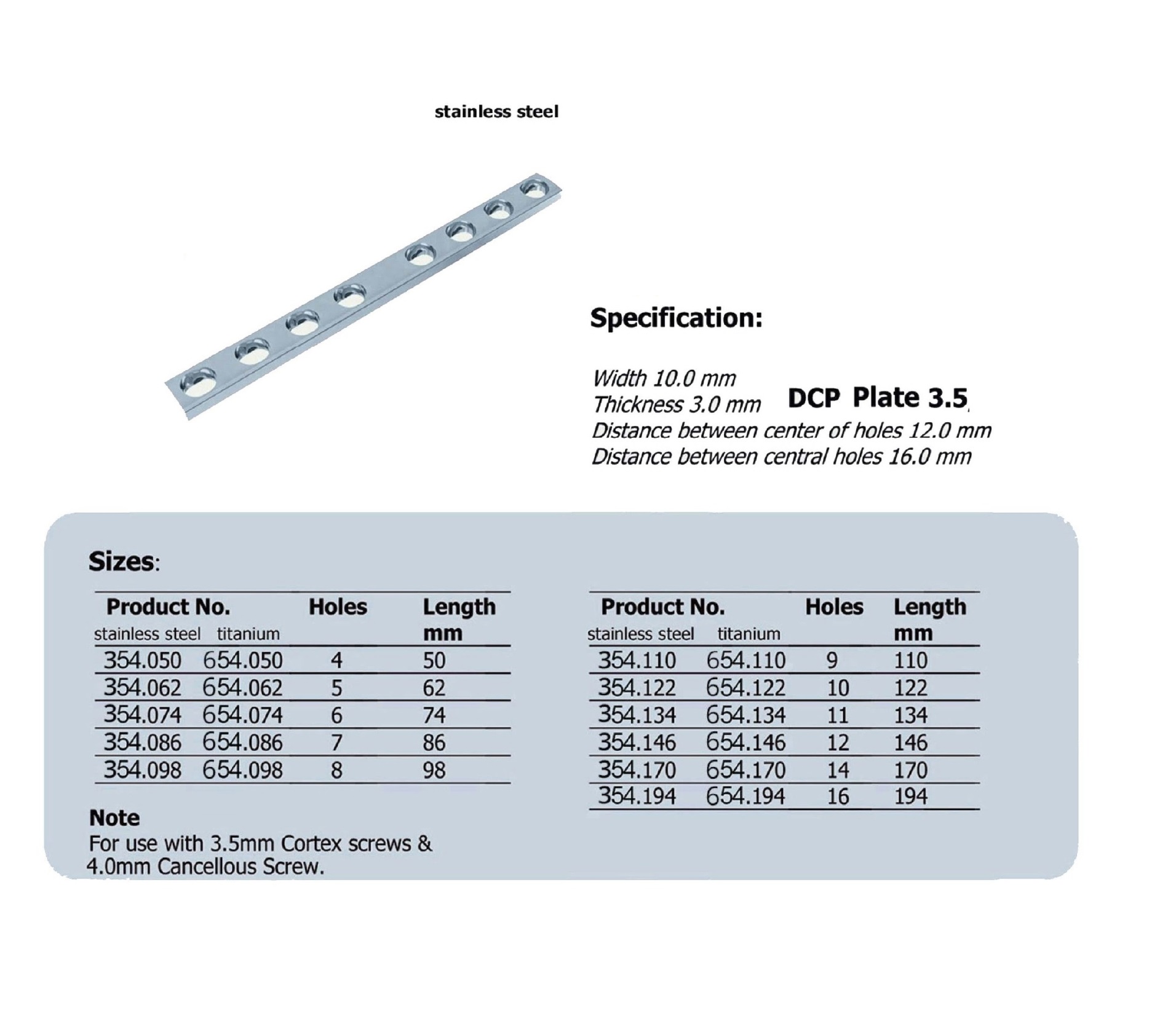 DCP Plate 3.5, in Stainless steel, (20 ITEMS PER LOT)