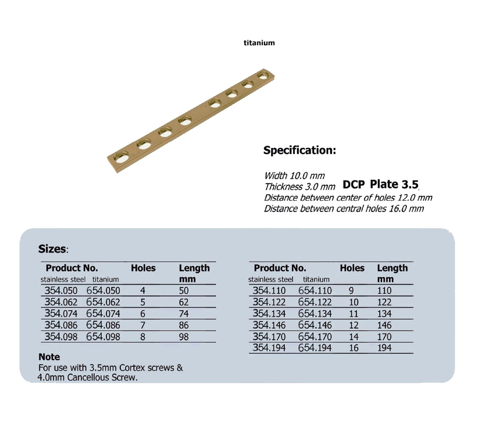 DCP Plate 3.5, in Titanium, (20 ITEMS PER LOT)