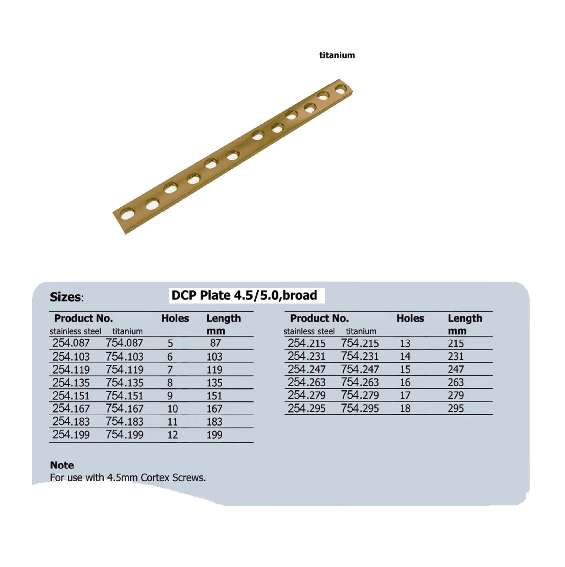 DCP Plate 4.5/5.0,broad in Titanium, (20 ITEMS PER LOT)