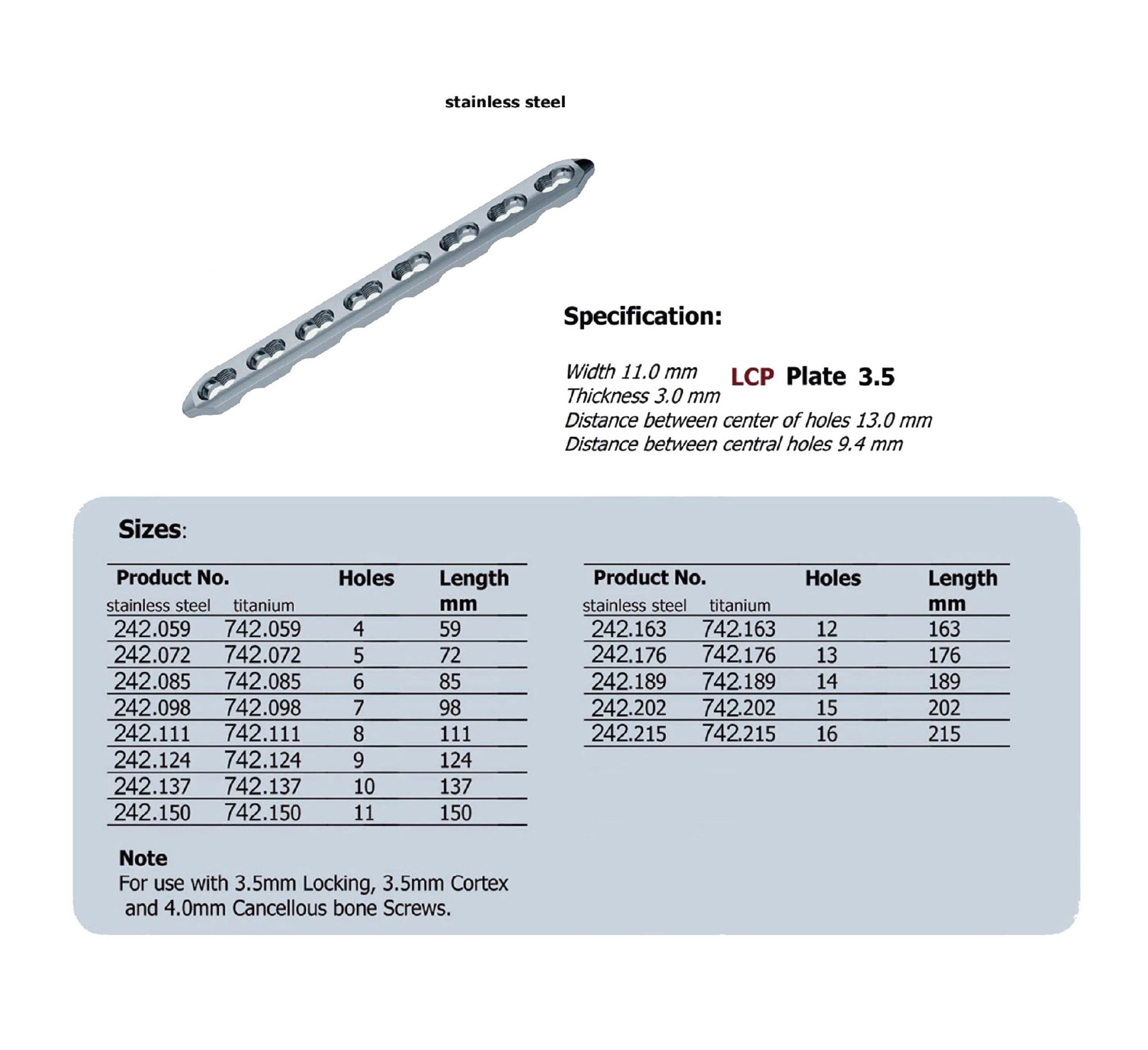 LCP Plate 3.5 in Stainless steel, (20 ITEMS PER LOT)