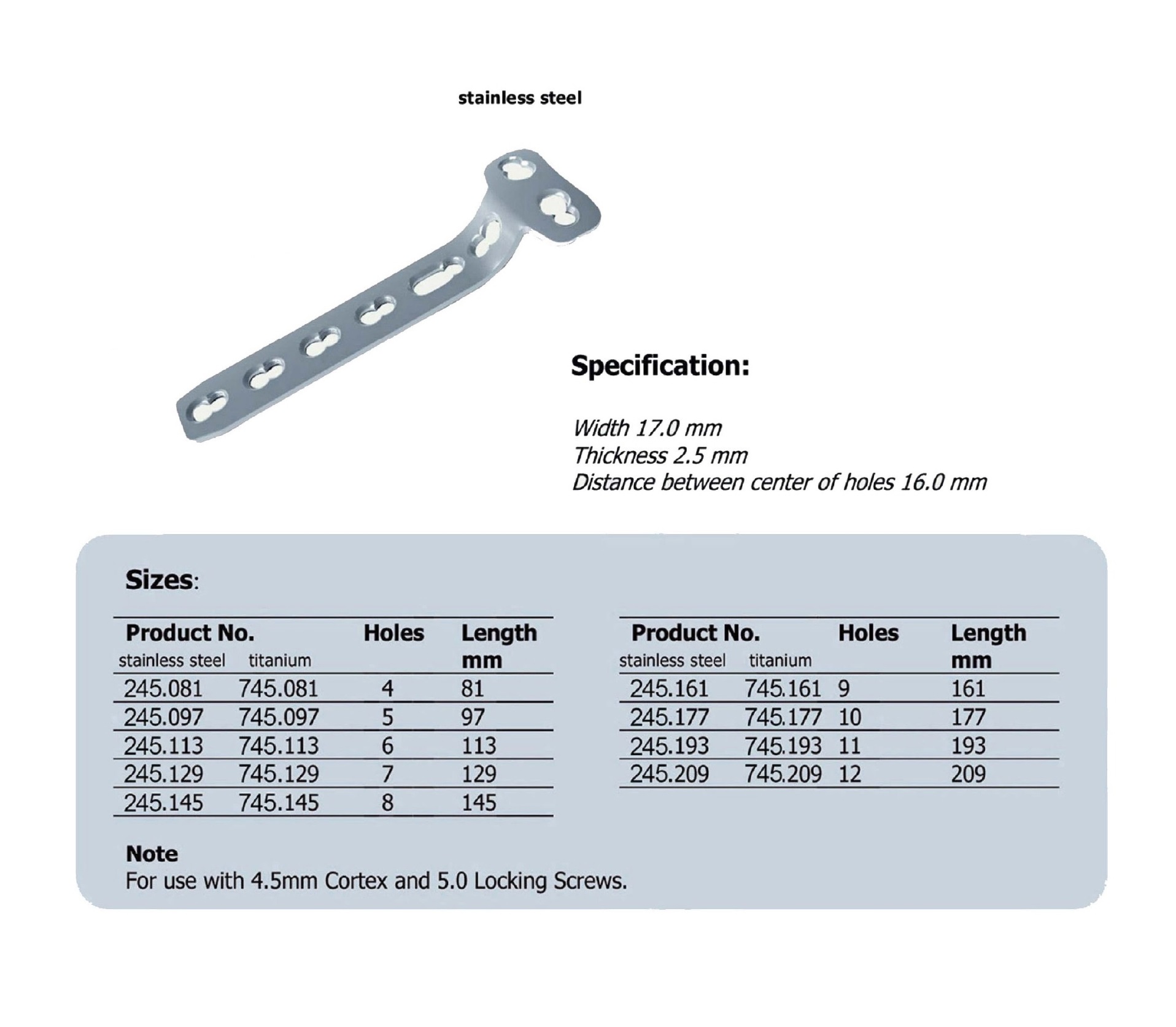 LCP T-Buttress Plate 4.5/5.0 in Stainless steel, (20 ITEMS PER LOT)