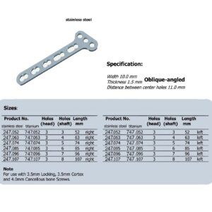 LCP T-Plate 3.5, Oblique-angled, right & left in Stainless steel, (20 ITEMS PER LOT)