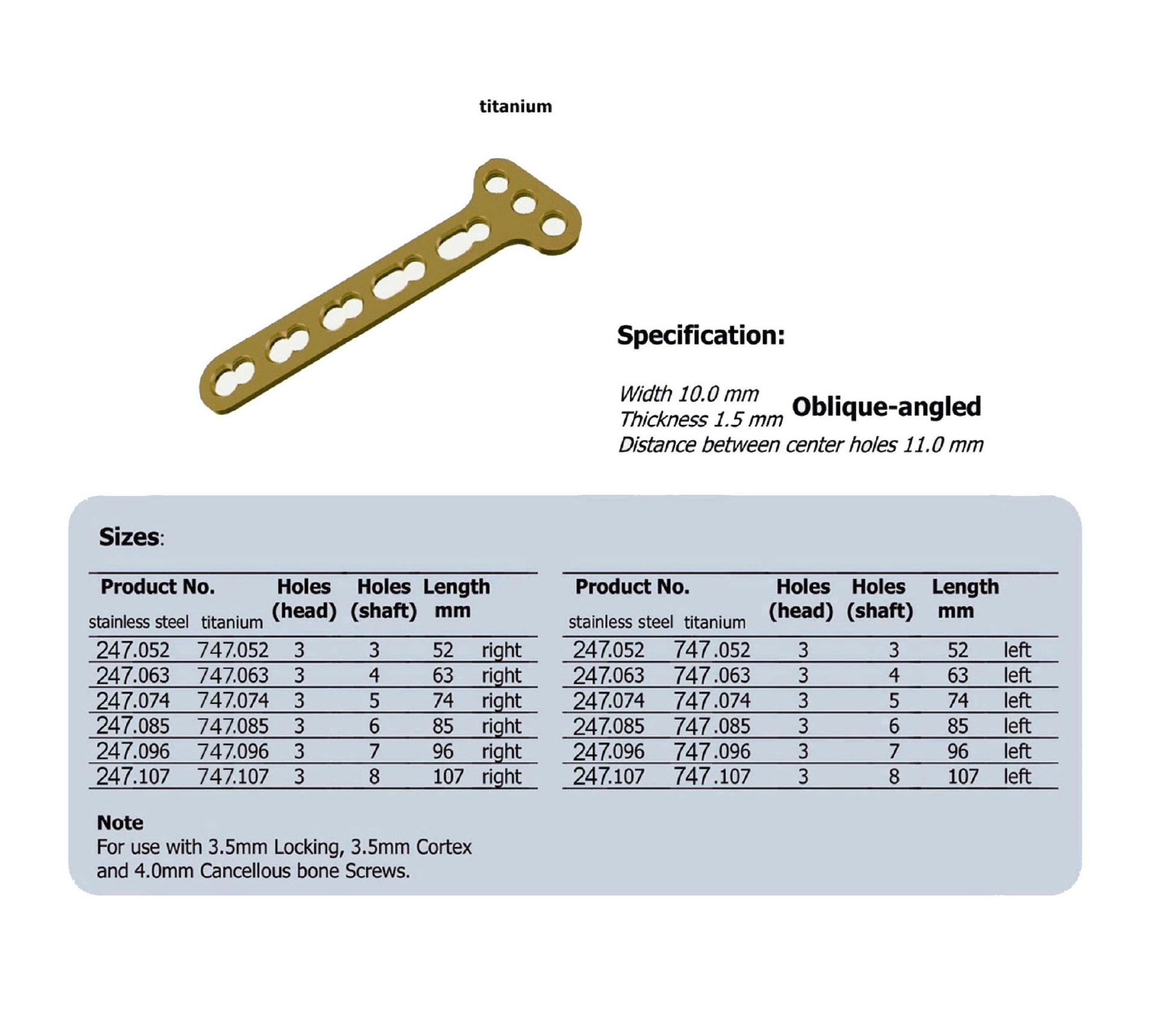 LCP T-Plate 3.5 Oblique-angled right & left in Titanium (20 ITEMS PER LOT)