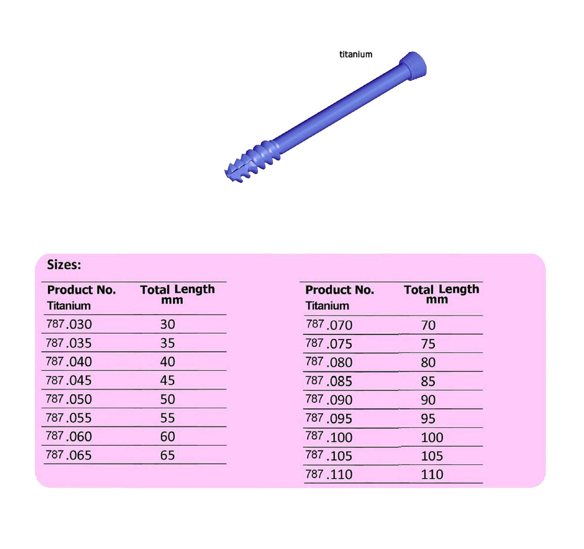 Locking Cannulated Screw 07.0 mm, thread length 16 mm, Self-tapping in Titanium, (100 ITEMS PER LOT)