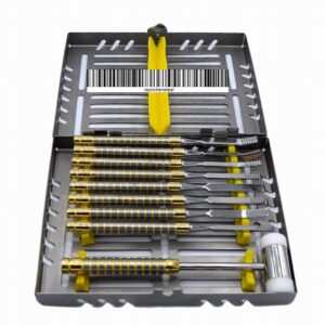 Dental Chisel Set Of 9 Units & Mallet For Bone Splitting Gold With Cassette. (WEIGHT 3KG)