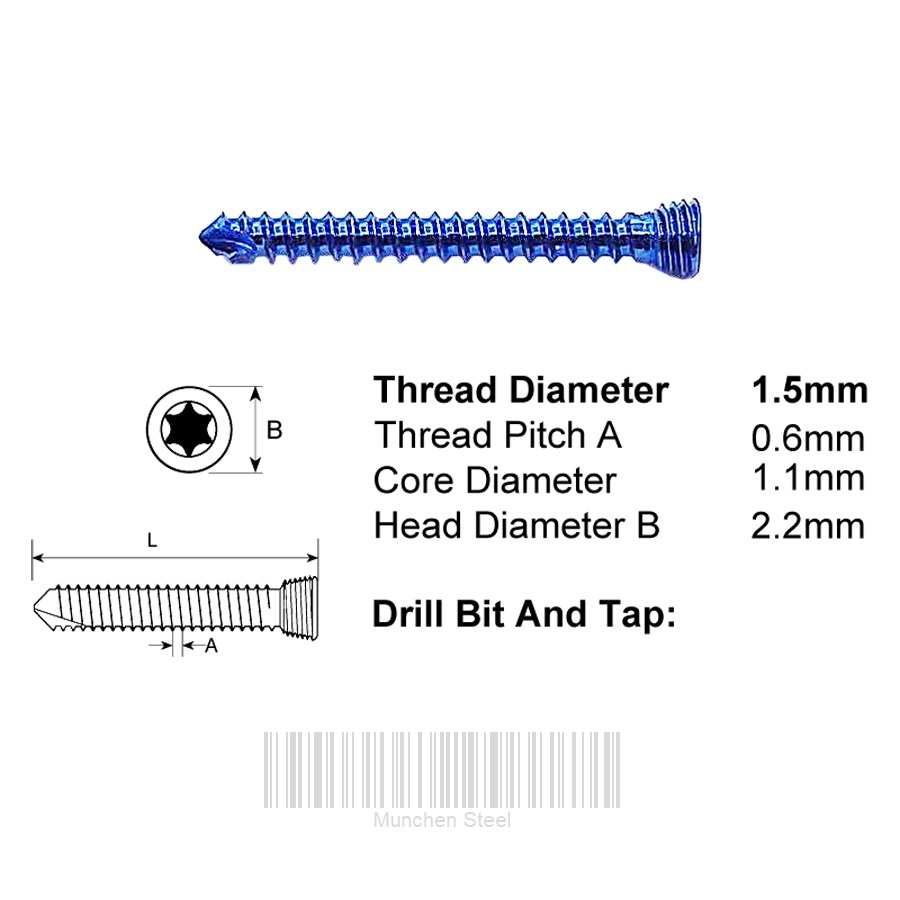 1.5mm Titanium Locking Self Tapping Screws AO Standard T4 Torx (100 ITEMS PER LOT)