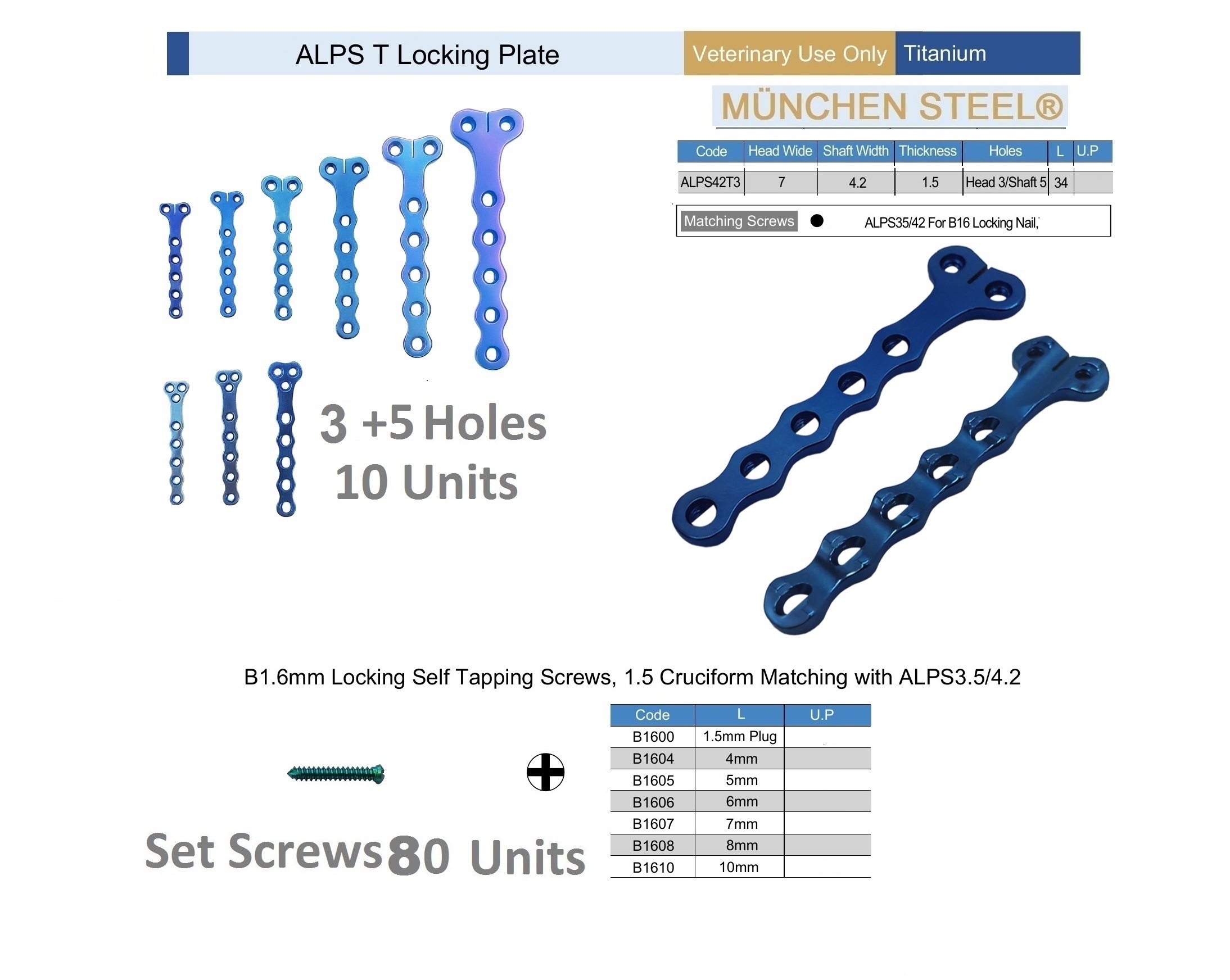 Alps-T-Locking-Plate-10-Units-3+5-Holes-Thickness-1.5mm-and-80-Units-Screws-Set-in-Titanium - Image 3