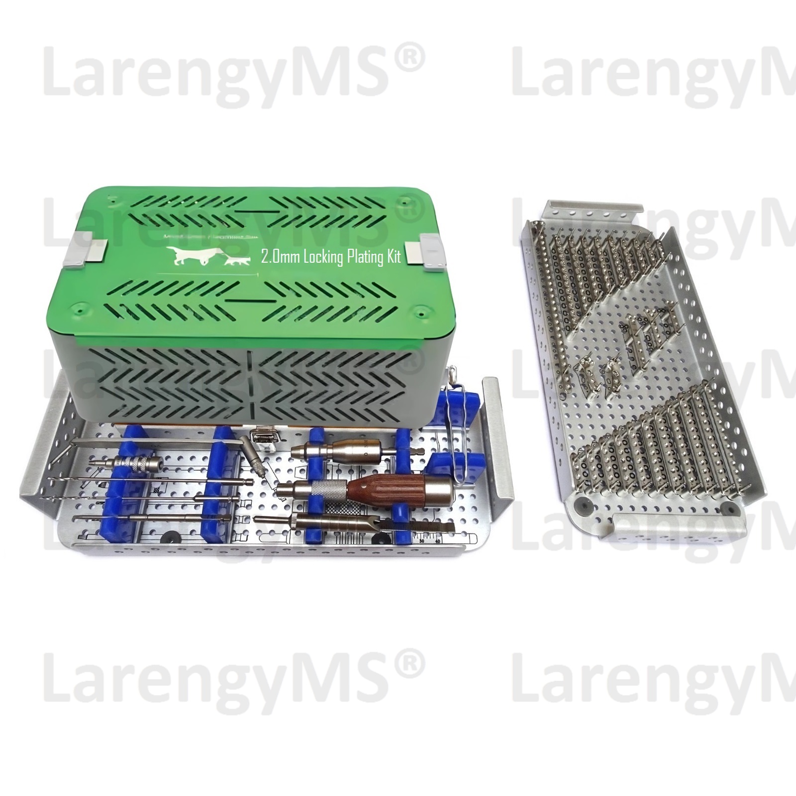 2.0mm Locking Plating Kit, Vet Orthopedic System, 26pcs Plates and 150pcs Screws and 9pcs instruments, (186pcs) in Stainless Steel German.