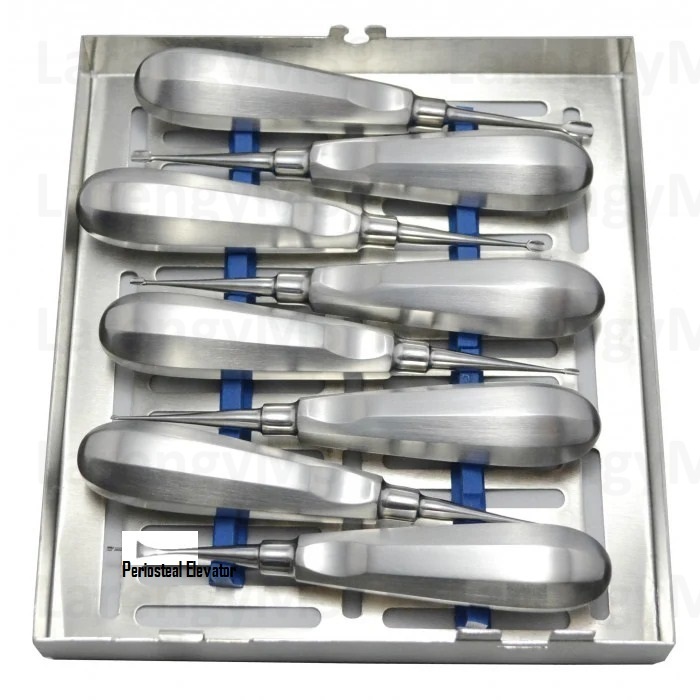 Winged Tip Dental Elevators Veterinary Set of 8 in Standard Handle with one Periosteal Elevator & With Tray in Stainless Steel German